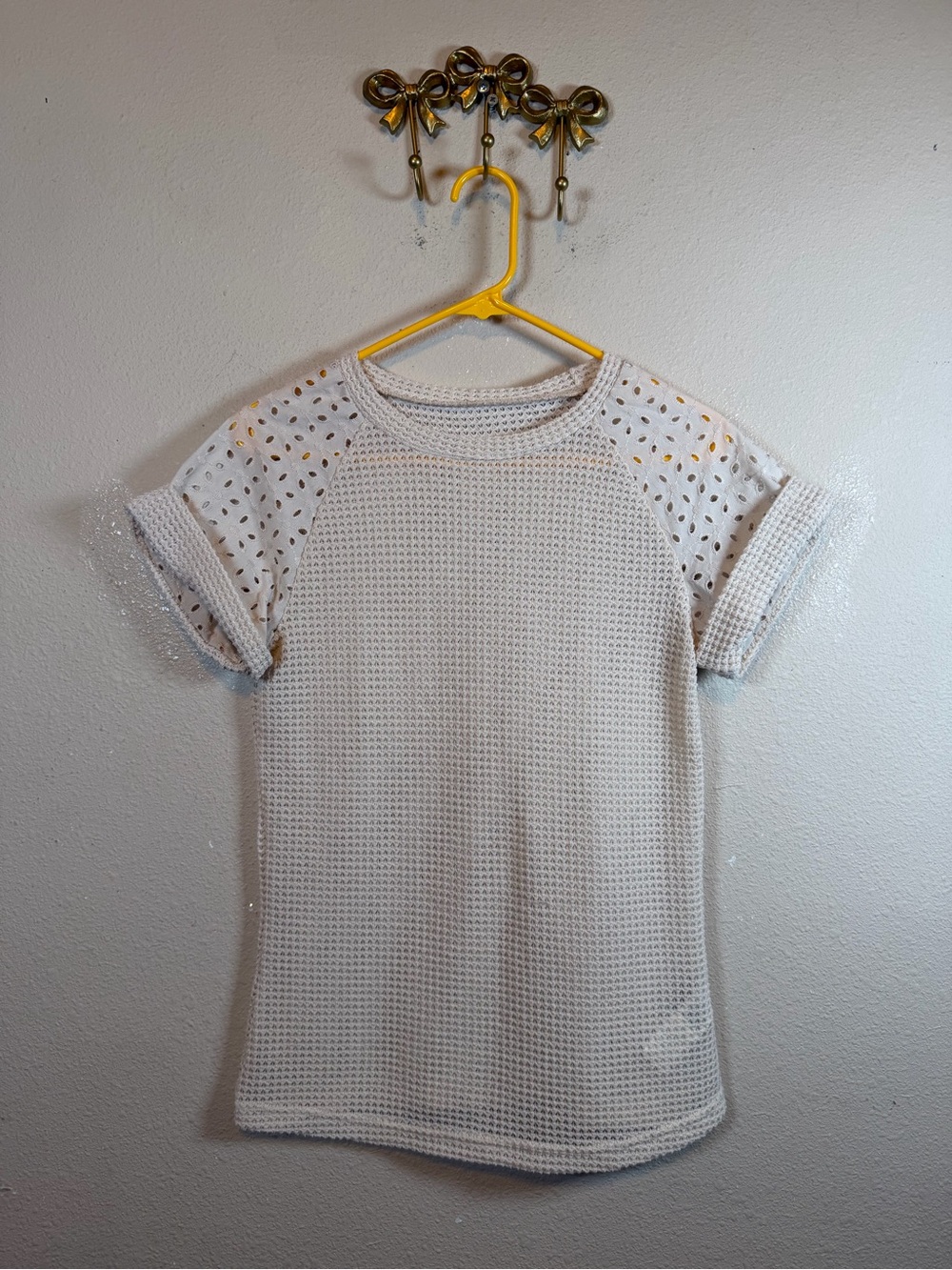 SHEIN Ivory Eyelet Sleeve Short Sleeve Ribbed Knit Top. Size S